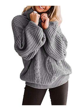 Chunky Turtleneck Cable Knit Pullover Sweater Plus Size Loose Fit Casual